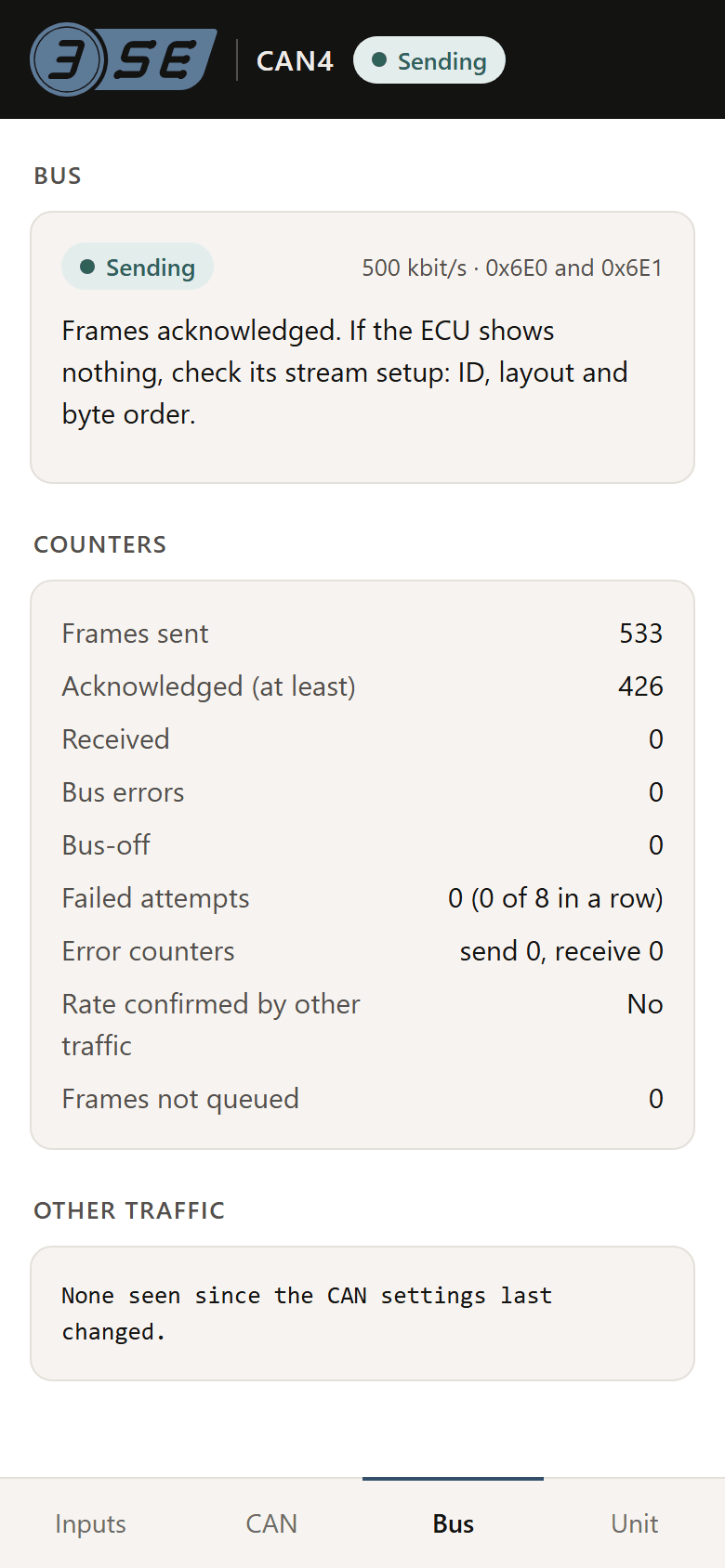 The Bus tab: the bus state, the counters and what to check.