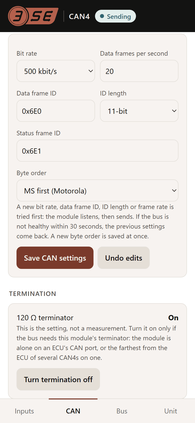 The CAN4's setup page on a phone: the CAN tab, with bit rate, identifiers and byte order.