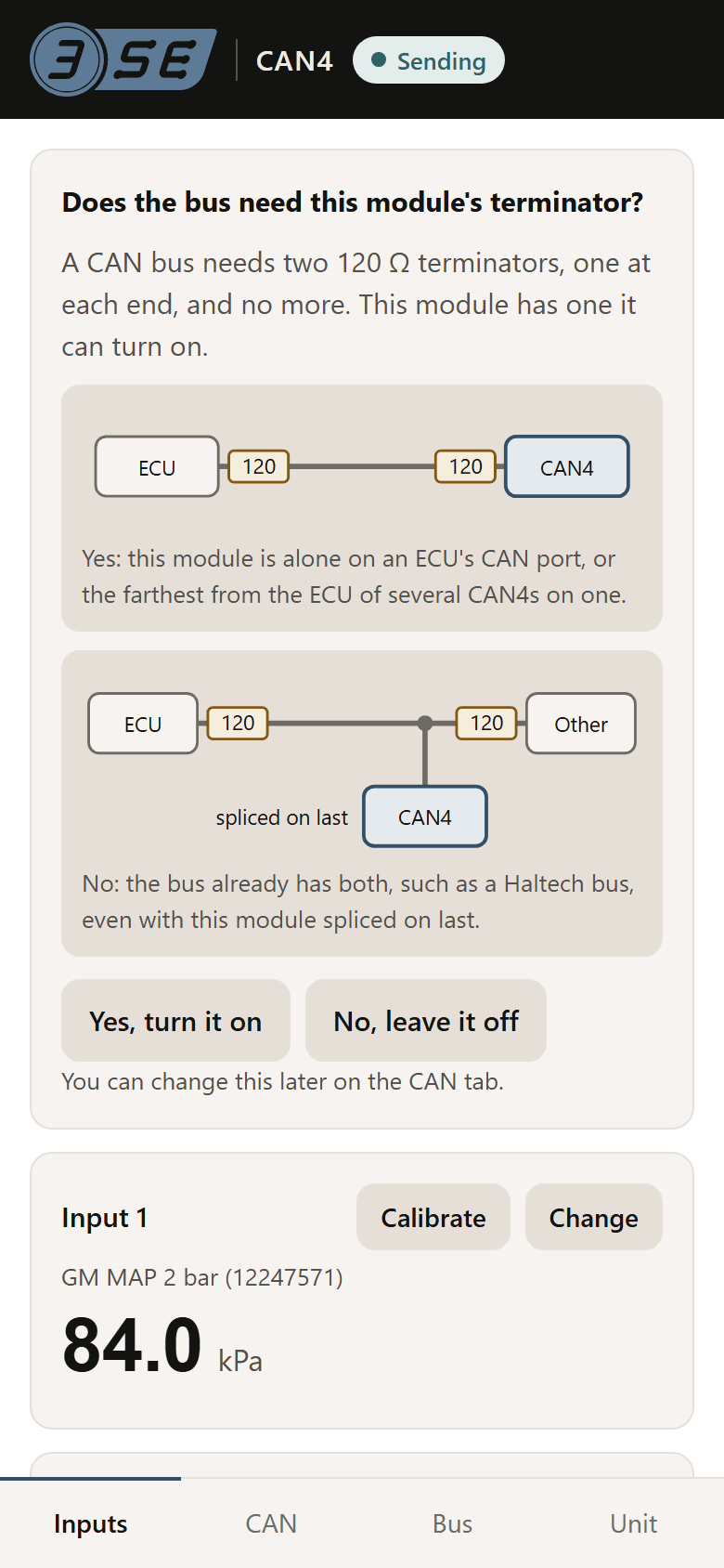 The setup page's first screen: does the bus need this module's terminator, with a diagram for each answer.