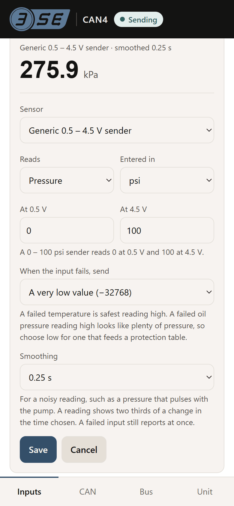 Input 1's settings open: a generic 0.5 to 4.5 V sender read as pressure, its points entered in psi, 0 at 0.5 V and 100 at 4.5 V, sending a very low value when it fails, smoothed over 0.25 seconds, with Save and Cancel.