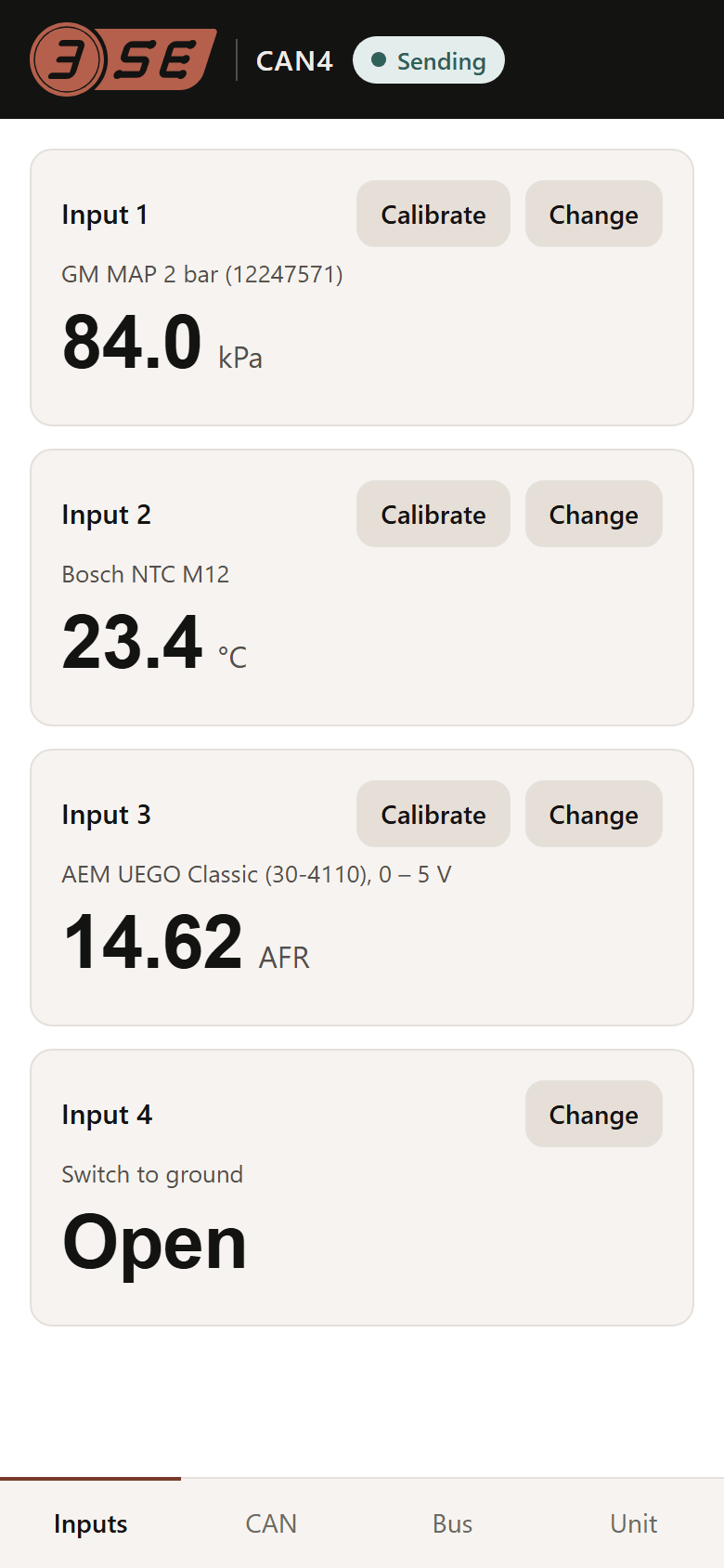 The CAN4's setup page on a phone: the Inputs tab, four inputs with their live readings.