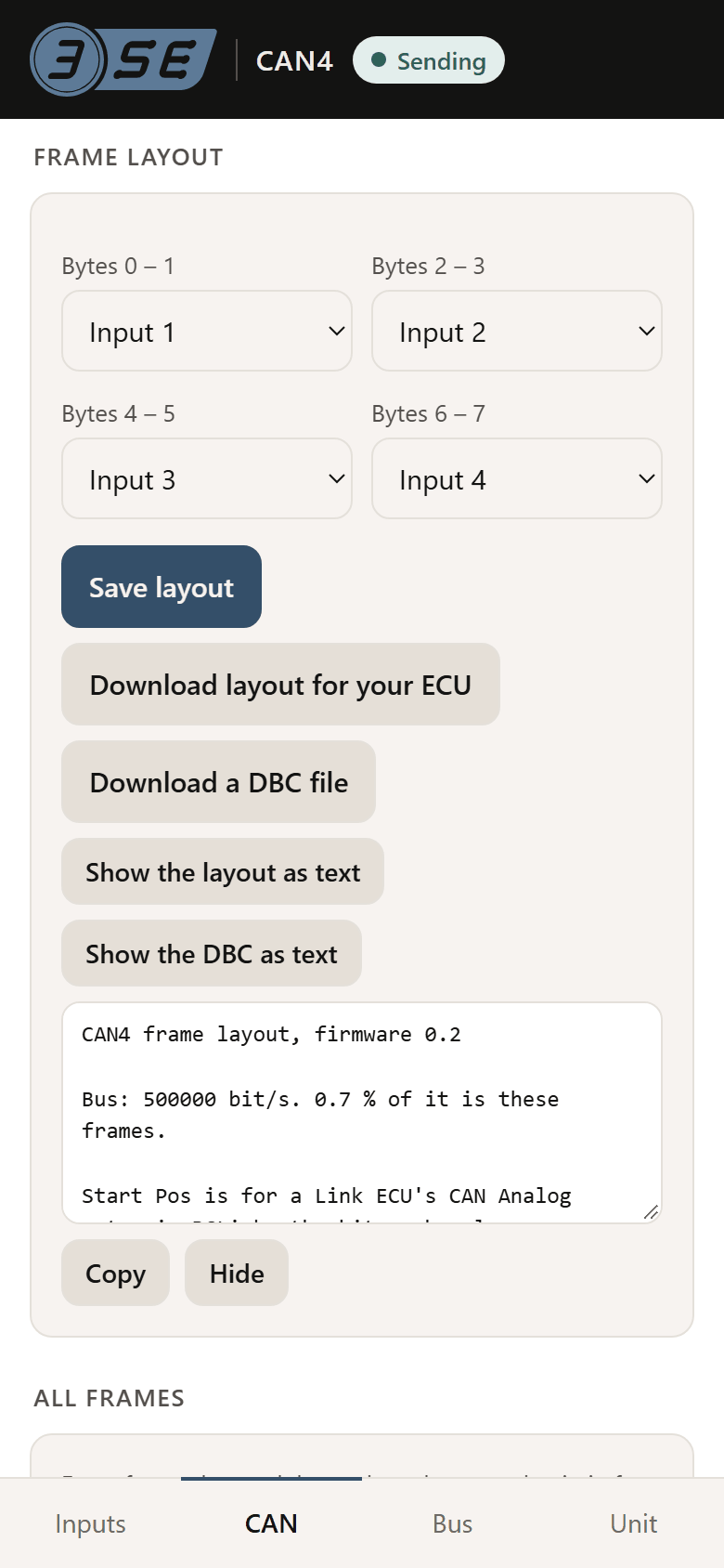 The frame layout: an input chosen for each pair of bytes, Save layout, the two downloads, and the layout shown as text, with Copy and Hide.