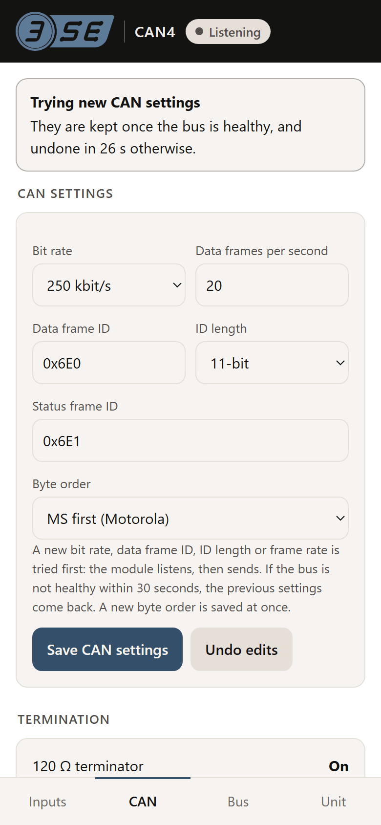 The CAN tab just after a new bit rate of 250 kbit/s was saved: the status at the top reads Listening, and a message says the new settings are kept once the bus is healthy and undone in 26 seconds otherwise.
