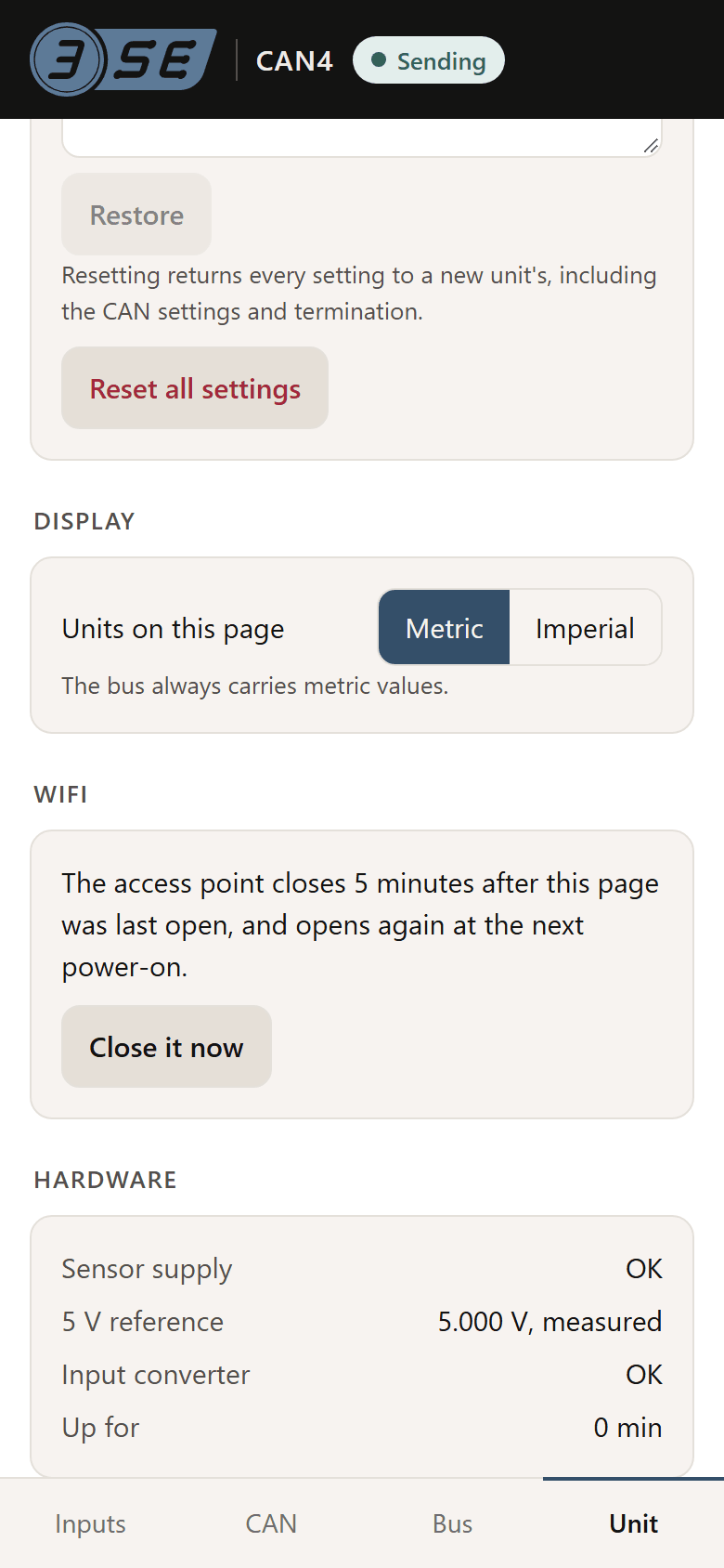 The foot of the Unit tab: Reset all settings, the units on the page, metric or imperial, the WiFi with Close it now, and the Hardware lines: sensor supply, 5 V reference, input converter and time up.