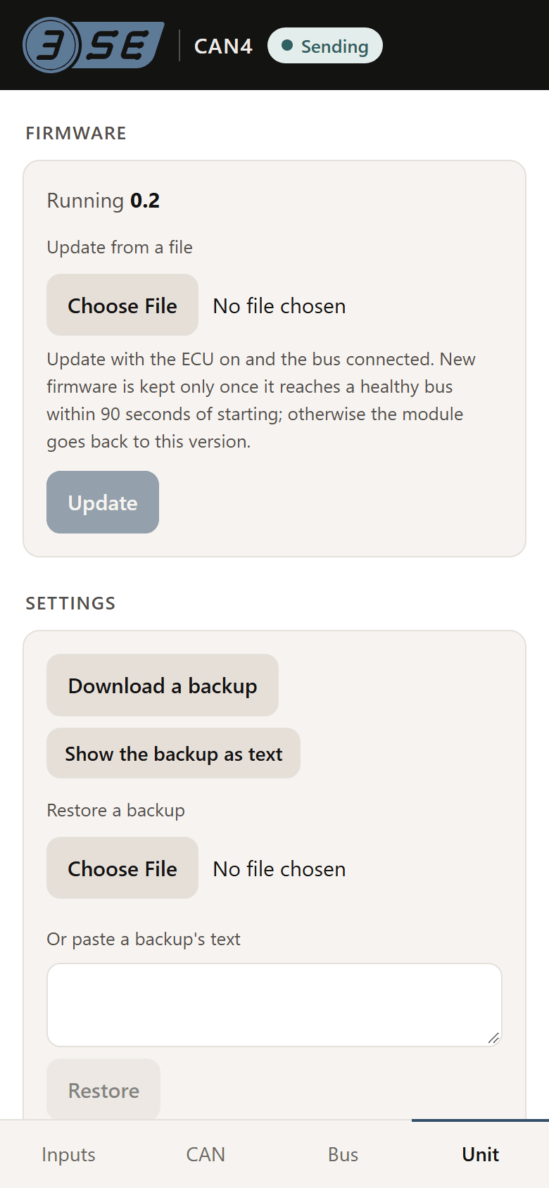 The Unit tab: firmware update and settings backup.